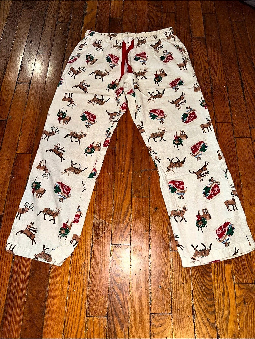 Old Navy Christmas Reindeer Sleigh Flannel Pajama Pants White & Red Small